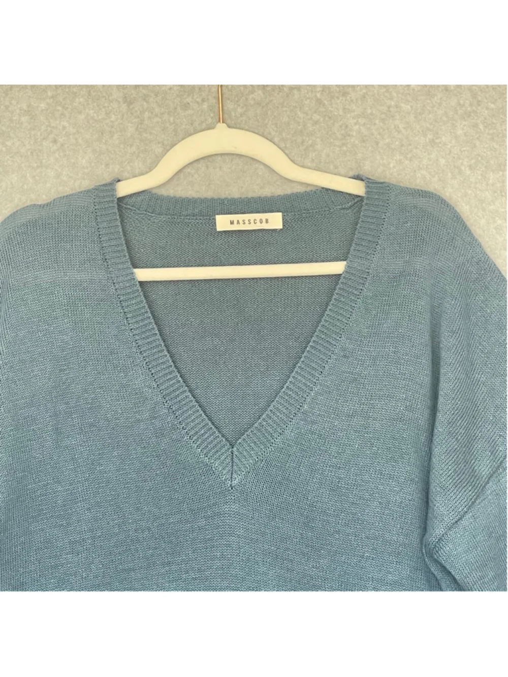 Masscob Linen Cotton V Neck Sweater M Blue Oversized Crop - Picture 6 of 11